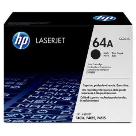 High-Yield 64A Black LaserJet Toner Cartridge for HP printers, yields 10,000 pages, ensuring sharp text and vibrant graphics.