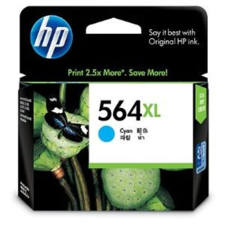 HP 564XL Cyan Ink Cartridge for 750 pages, featuring Original Vivera Ink for vibrant prints and sharp text.