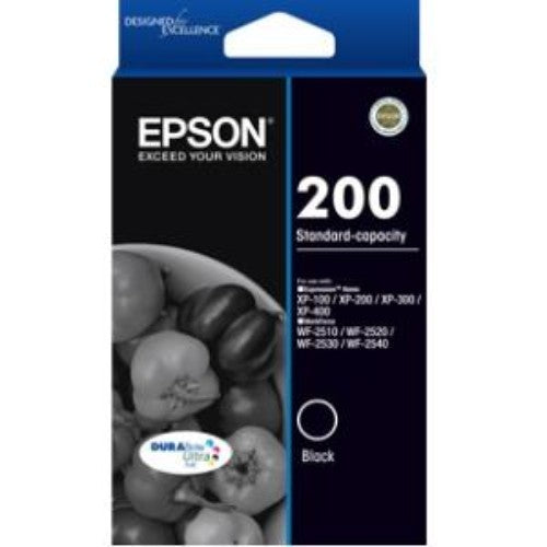 Epson DURABrite Ultra 200 Black Ink Cartridge, designed for sharp text and vibrant images, fast-drying, water-resistant, and highlighter friendly.