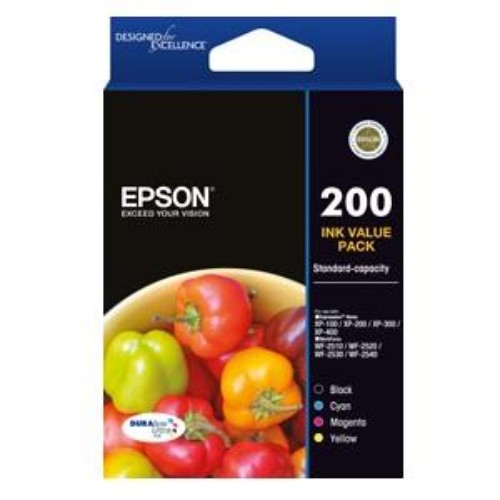 Value pack of four original Epson DURABrite Ultra ink cartridges in cyan, magenta, yellow, and black for quality printing.