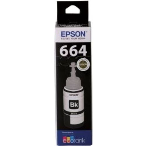 Epson T664 EcoTank black ink bottle, 70ml, prints up to 4000 pages for efficient, high-quality printing.