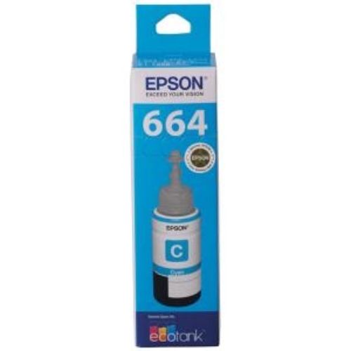 Epson T664 EcoTank cyan ink bottle for inkjet printers, yields 6,500 pages, eco-friendly and cost-effective solution.