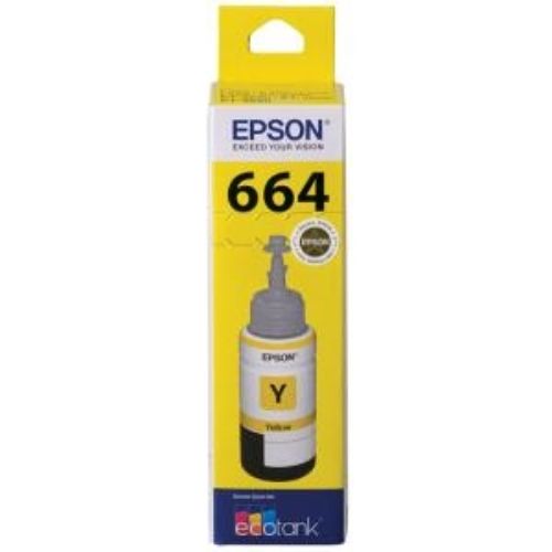 Epson T664 EcoTank Yellow Ink Bottle, high-yield for WorkForce printers, prints 6,500 vibrant pages with clarity.
