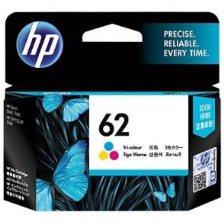 HP 62 Tri-Color Ink Cartridge for vibrant, reliable prints, yielding up to 165 pages with genuine ink quality.