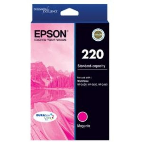 Epson DURABrite Ultra Magenta Ink Cartridge 220 for vibrant, high-quality, durable prints that resist water, fading, and smudging.