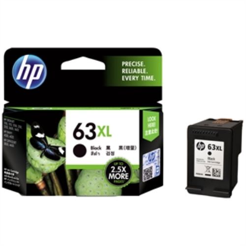 HP 63XL Black Ink Cartridge for up to 480 pages, delivering sharp text and vibrant prints for home and office use.
