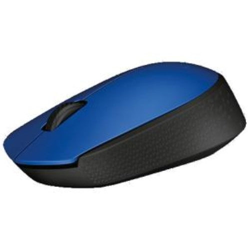 Logitech M171 Wireless Optical Mouse in blue and black, featuring 2.4GHz connectivity and 12-month battery life, ambidextrous design.