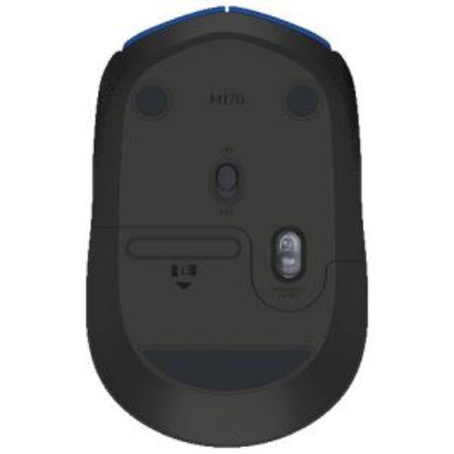 Logitech M171 wireless optical mouse in blue and black, featuring 2.4GHz connection, 12-month battery life, and ambidextrous design.