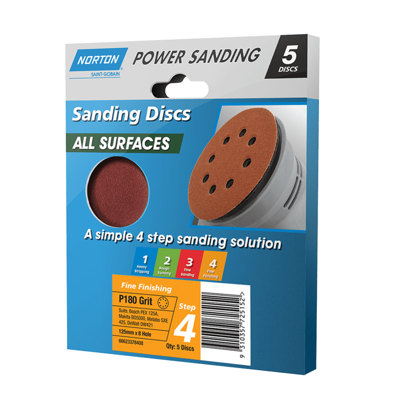 Norton Power Sanding Paper H&L Disc P180 Grit 125mm Pack of 5 (Pack)