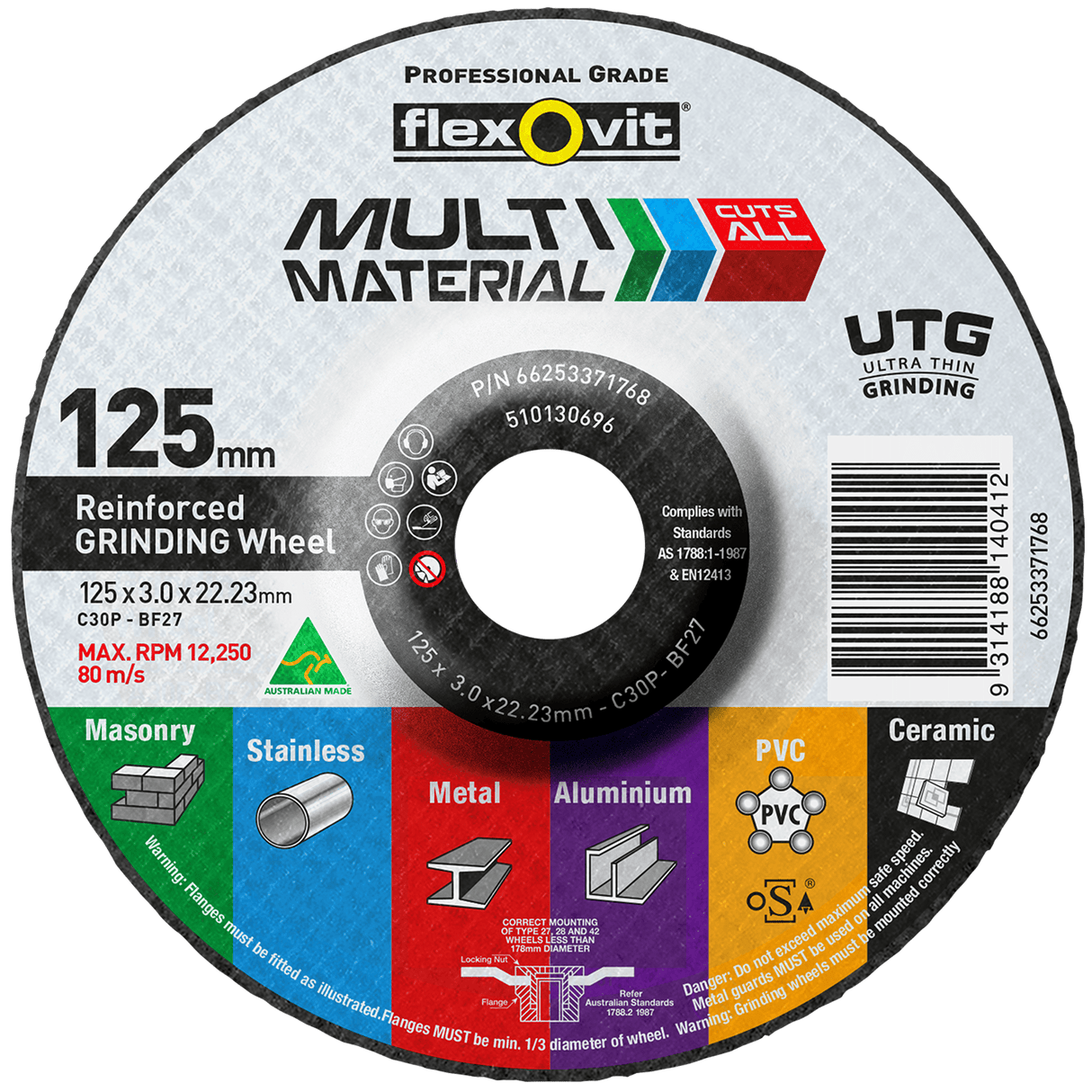 Flexovit Multi-Material Grinding Wheel 30 Grit 125x3x22.23mm (Each)