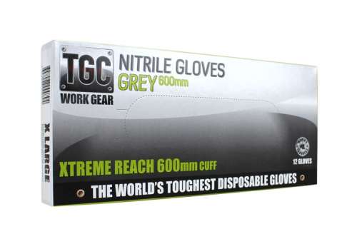 TGC Xtreme Reach Nitrile Gloves Grey 600mm, M-2XL (Pack of 12) - Grey (Size: XL)