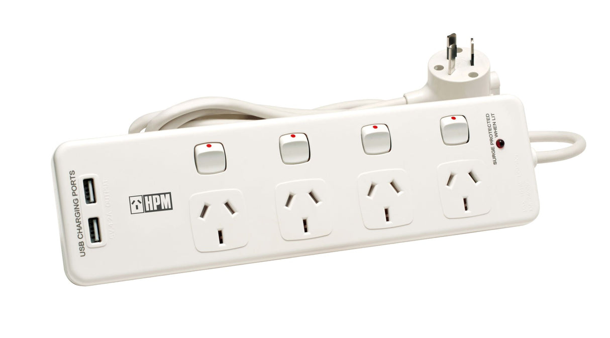 HPM 4 Way Switched Powerboard 10A with 2x 2.4A USB