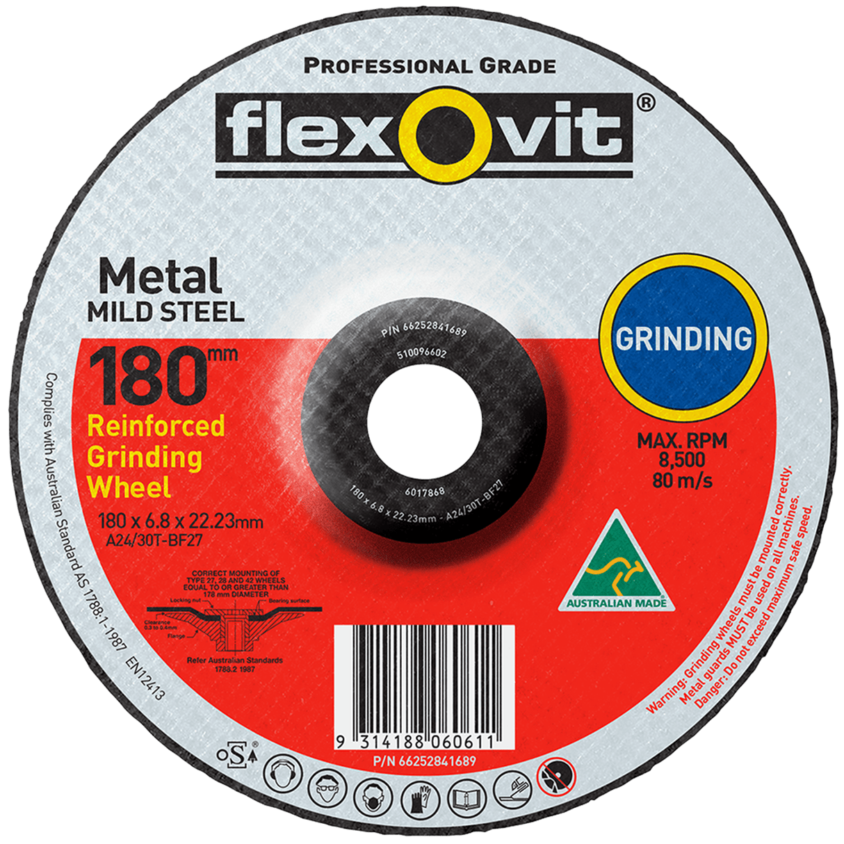 Flexovit Type 27 Grinding Wheel 30 Grit 180x6.8x22.23mm (Each)