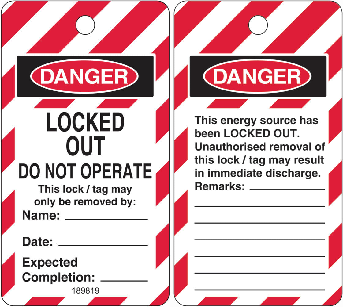 Lockout Tag - Locked Out Do Not Operate W80mm x H145mm Pack of 25 (Double Sided)