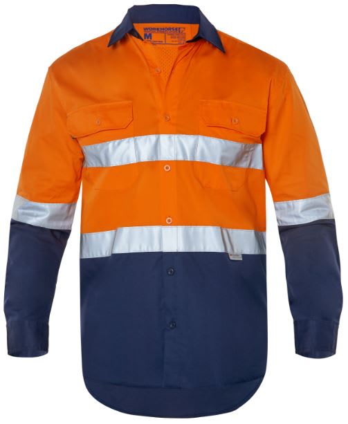 Workhorse, Hi Vis Cotton Lightweight Shirt, MSH001 - Fluro Ora/Navy (Size: 4XL)