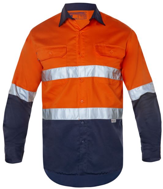 Workhorse Hi Vis Cotton Shirt MSH006 - Fluro Ora/Navy (Size: 3XL)