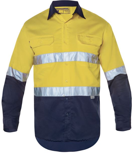 Workhorse Hi Vis Cotton Shirt MSH006 - Fluro Yel/Navy (Size: L)