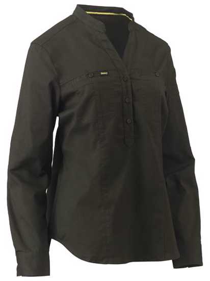 Bisley, Women's Stretch V-Neck Closed Front Shirt (Each) - Olive - Size: 8