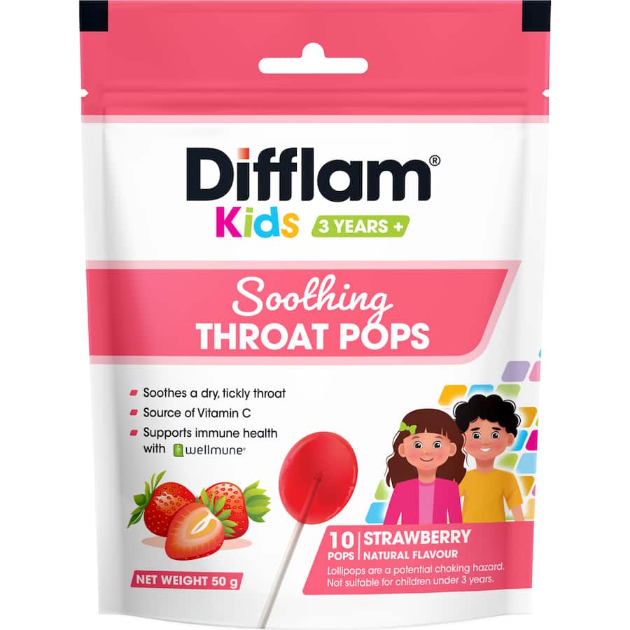 Difflam Kids Throat Pops Soothing Strawberry 3 Years + 10pk 50g