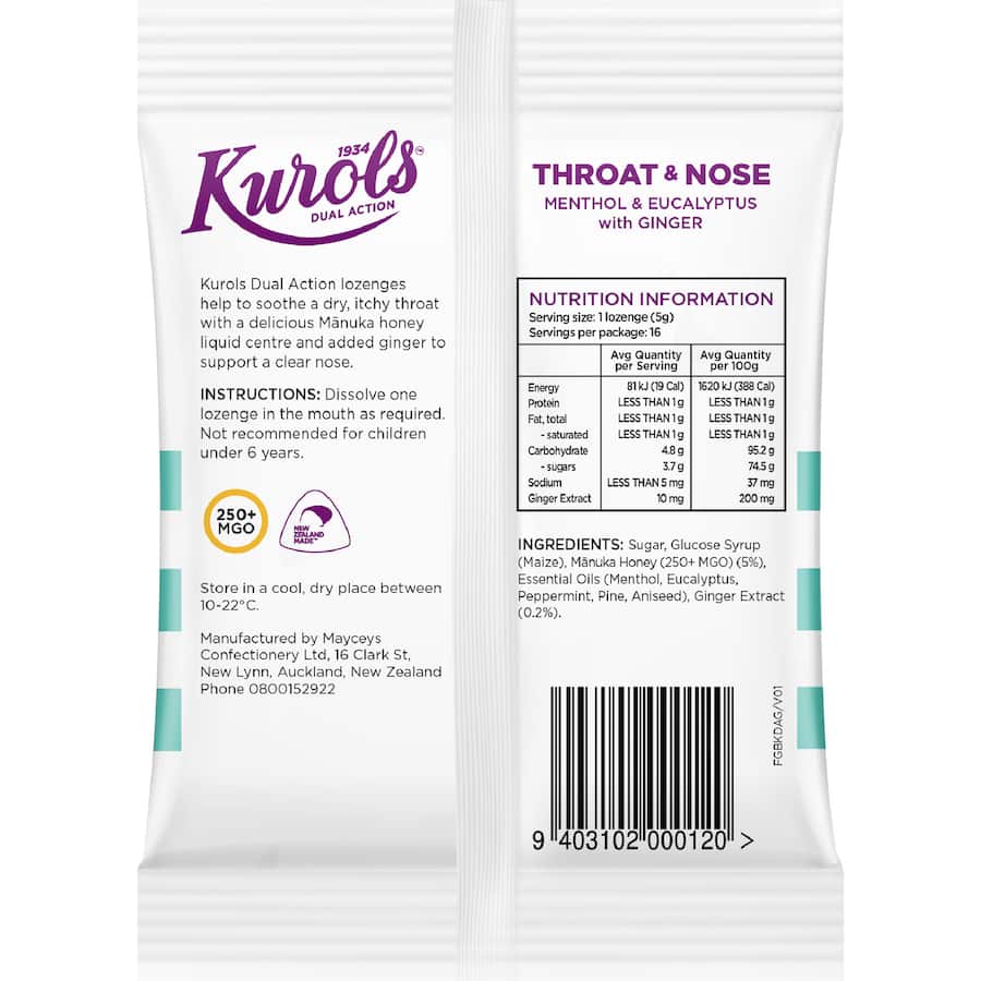Kurols Dual Action Throat & Nose Lozenges Menthol & Eucalyptus 16pack