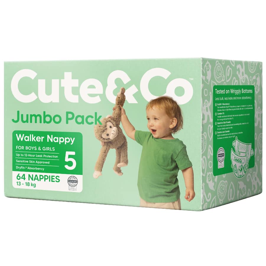 Cute & Co Nappies Walker Boys & Girls 13-18kg Size 5 64pack