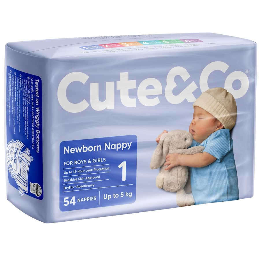 Cute & Co Newborn Nappies Boys & Girls Up To 5kg 54pack