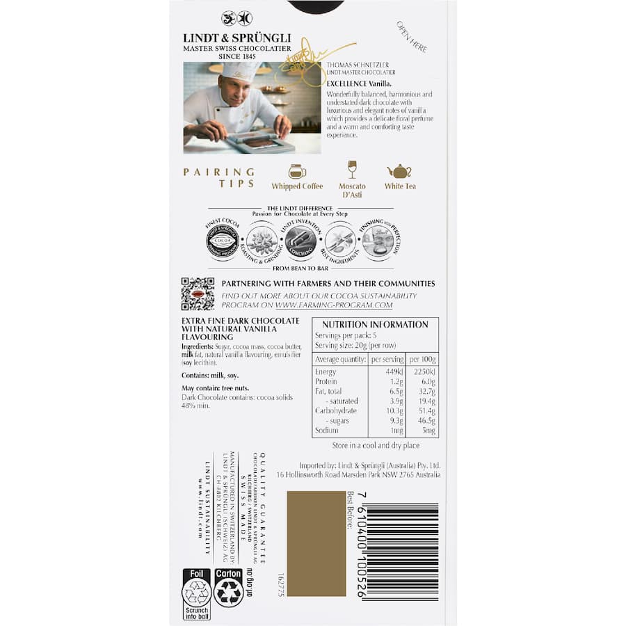 Lindt Excellence Chocolate Vanilla 100g