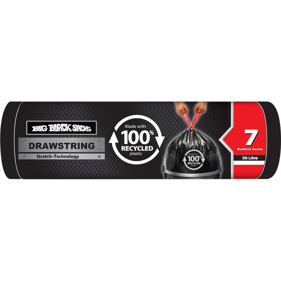 Big Black Sacks Rubbish Bags 100% Recycled Drawstring 56l 7pack