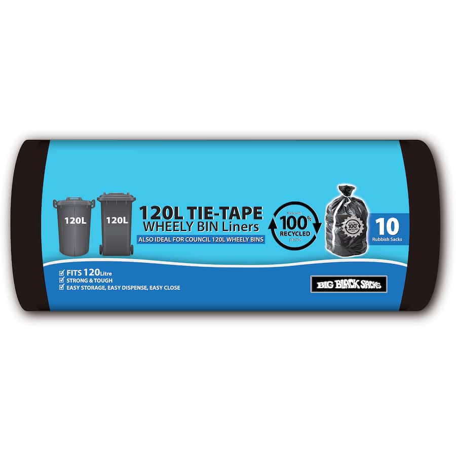 Big Black Sacks Rubbish Bags 100% Recycled Tie Tape 120l 10pack