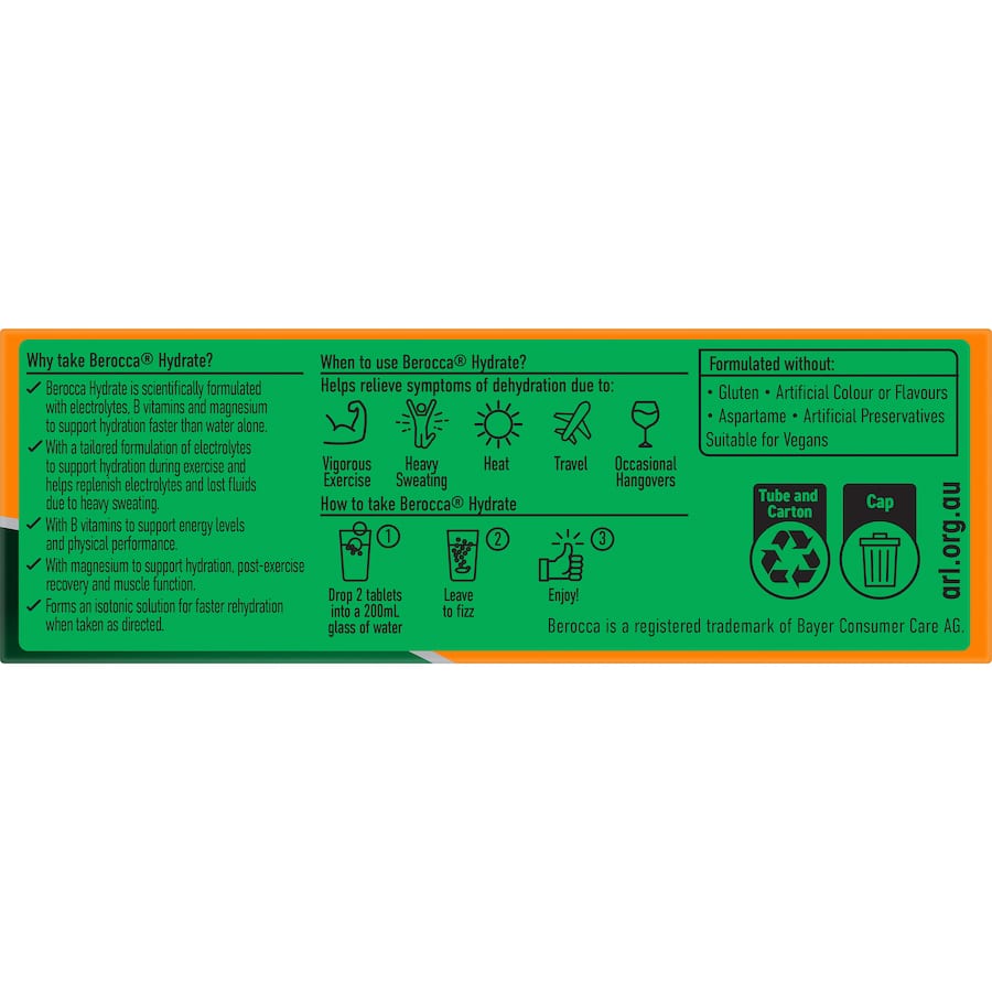 Berocca Hydrate Effervescent Tablets Electrolytes Orange Flavour 20pack