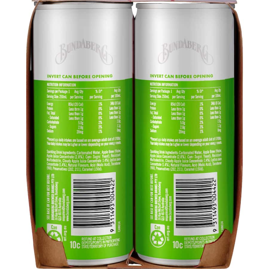 Bundaberg Refreshingly Light Soft Drink Apple & Lychee Cans 4x250mL