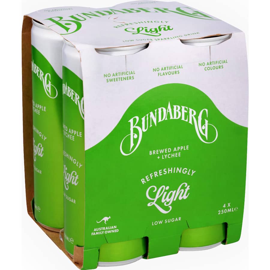 Bundaberg Refreshingly Light Soft Drink Apple & Lychee Cans 4x250mL