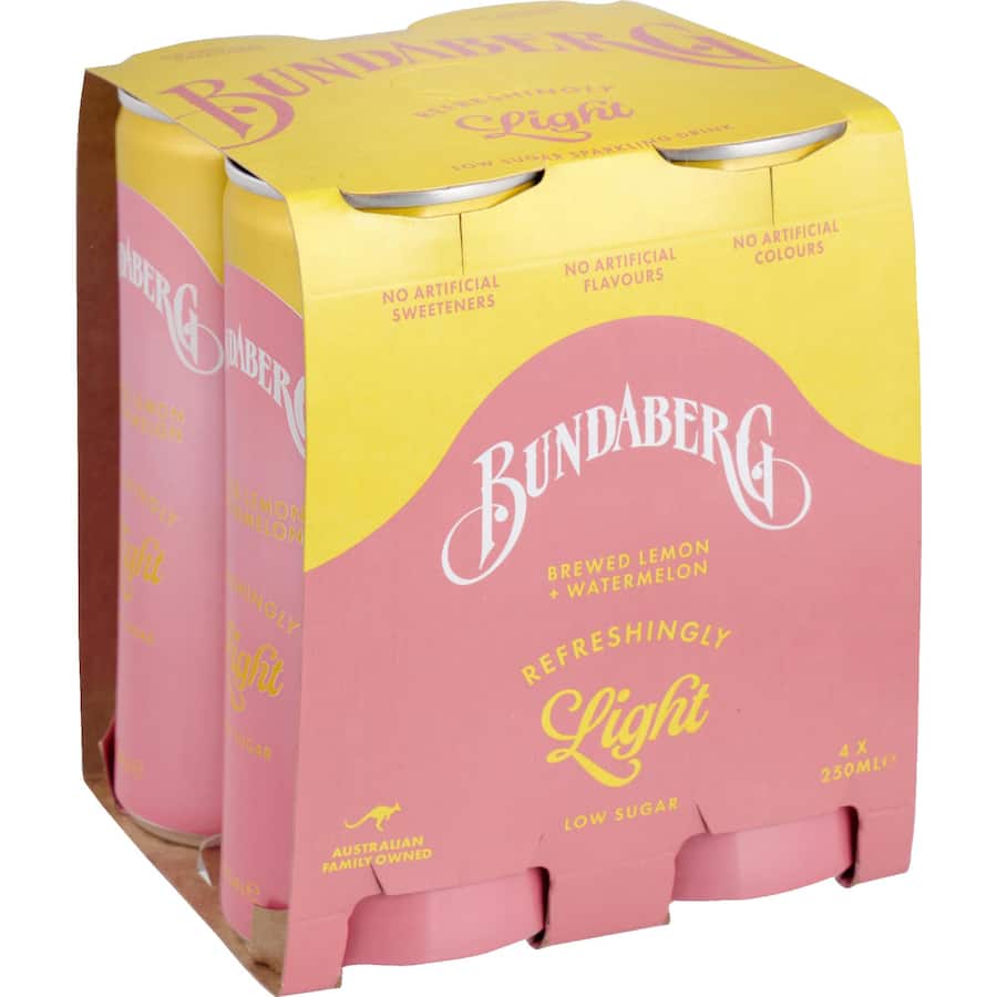 Bundaberg Refreshingly Light Soft Drink Lemon & Watermelon Cans 4x250mL