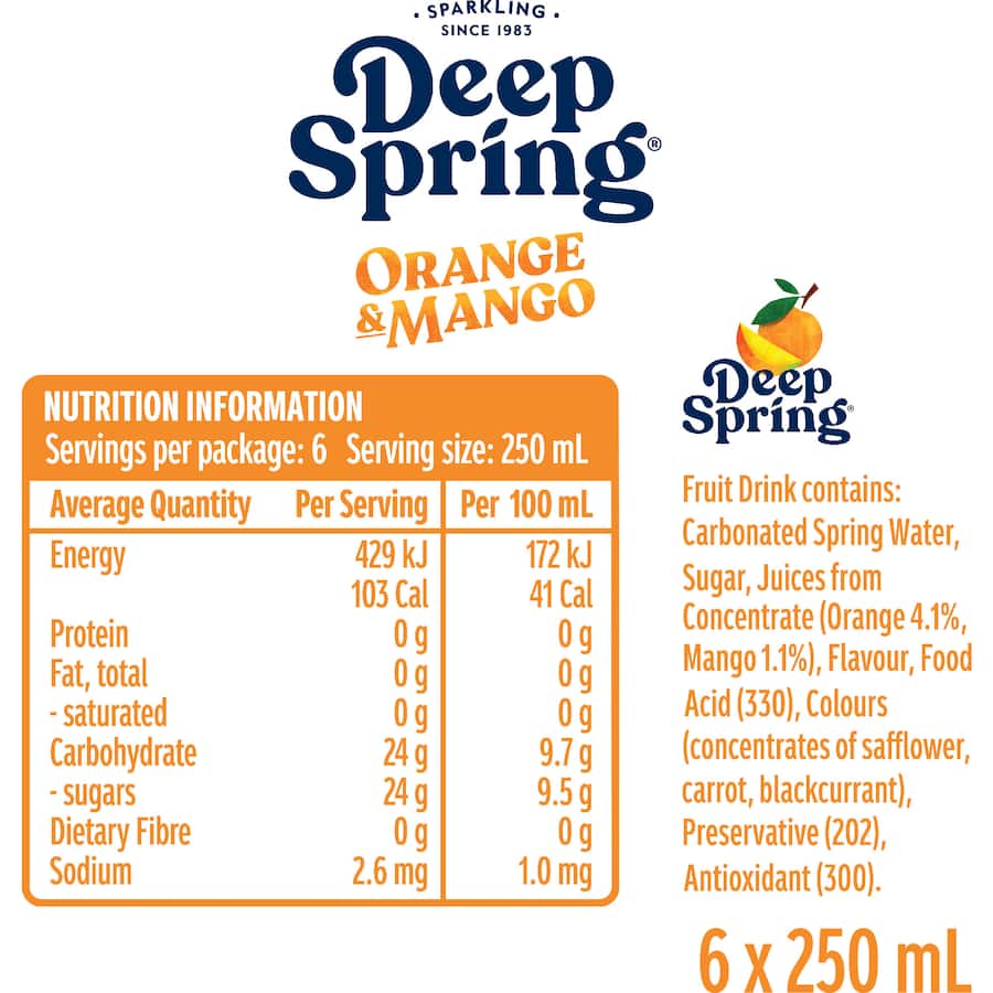 Deep Spring Soft Drink Orange & Mango 250ml cans 6pack