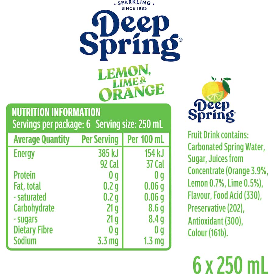 Deep Spring Soft Drink Lemon Lime & Orange 250ml cans 6pack