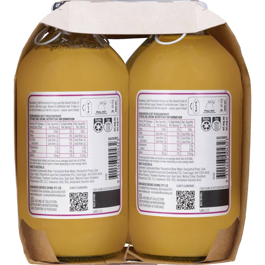 Bundaberg Diet Sparkling Fruit Drink Passionfruit Bottles 4x375mL