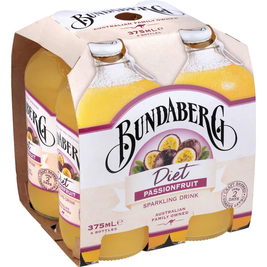 Bundaberg Diet Sparkling Fruit Drink Passionfruit Bottles 4x375mL