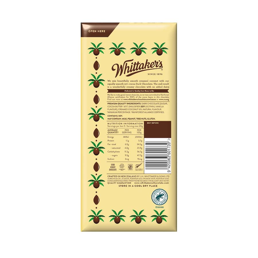 Whittakers Artisan Collection Chocolate Smooth Dark Coconut 100g