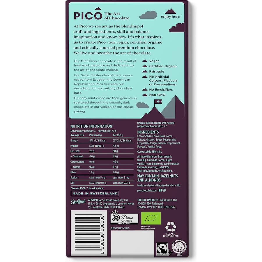 Pico Chocolate Bar Mint Crisp 80g