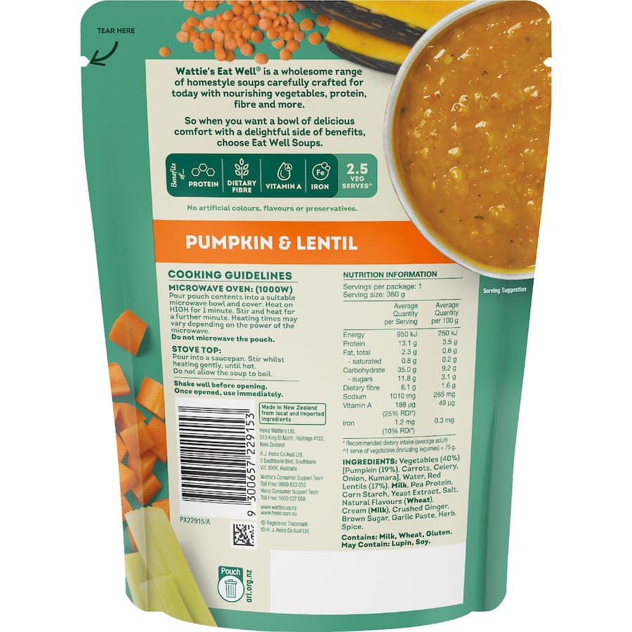 Wattie's Eat Well Soup Pumpkin & Lentil Pouch 380g