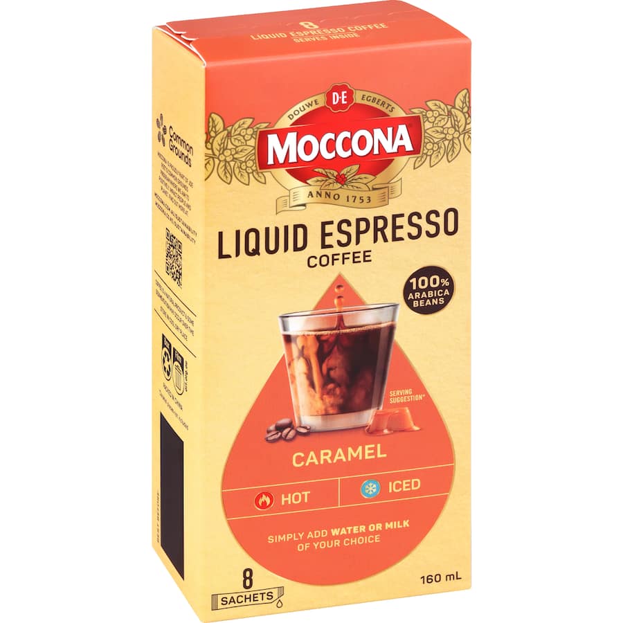 Moccona Liquid Espresso Coffee Sachets Caramel 8 pack 160mL