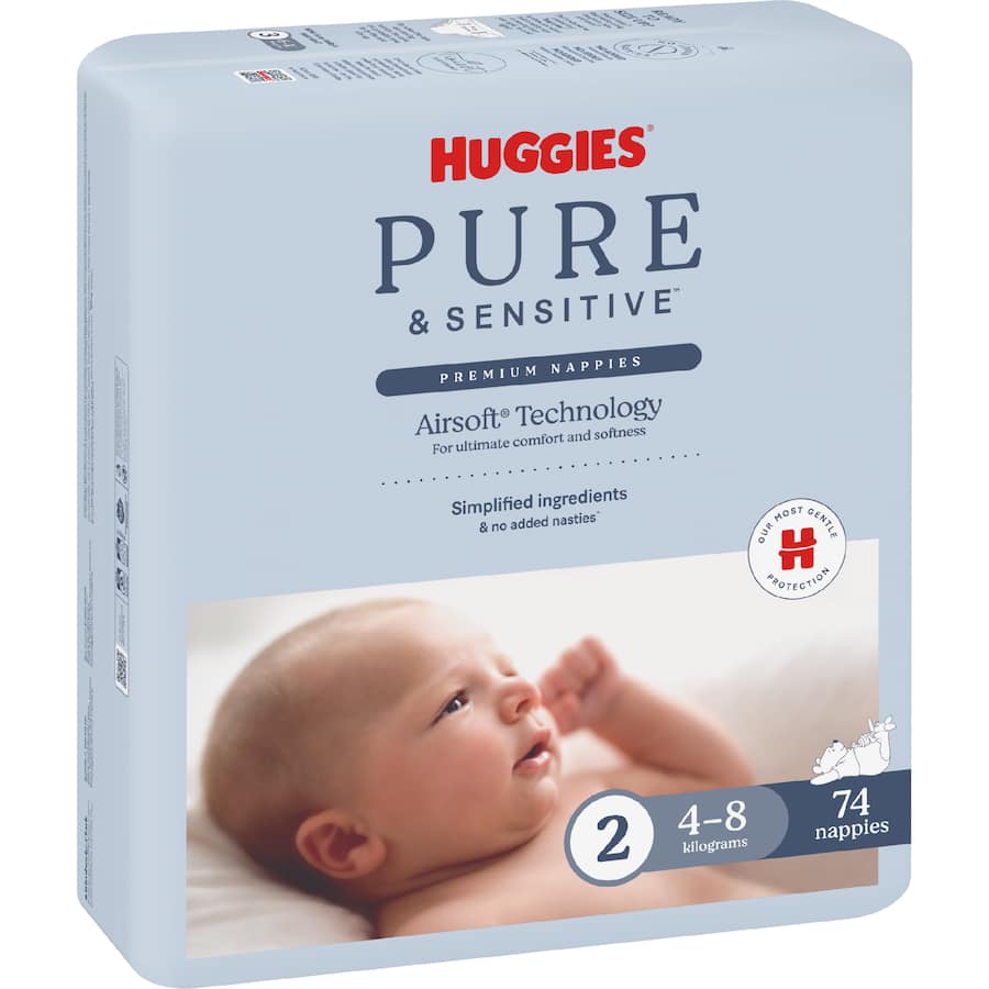 Huggies Pure & Sensitive Nappies Infant Boys & Girls 4-8kg Size 2 74pack