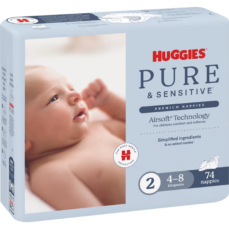 Huggies Pure & Sensitive Nappies Infant Boys & Girls 4-8kg Size 2 74pack