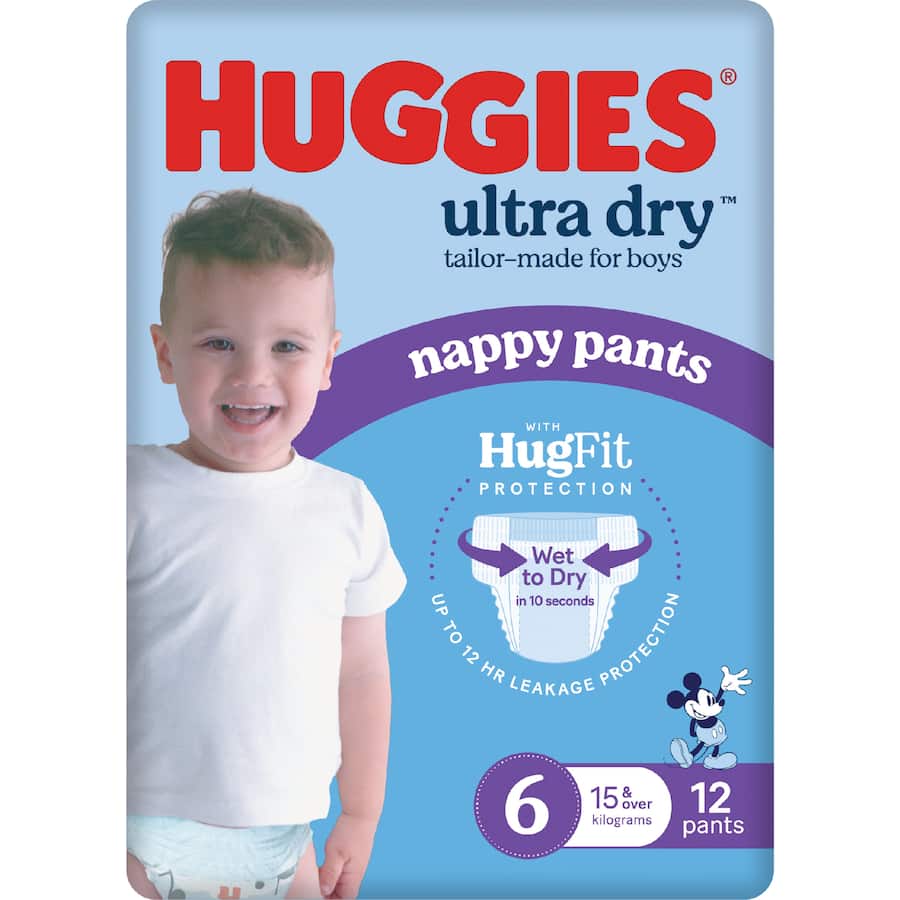 Huggies Ultra Dry Nappy Pants Junior Boys 15kg+ Size 6 12pack