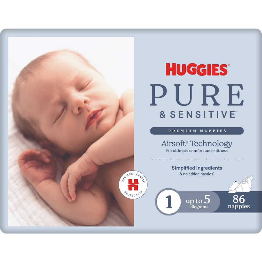 Huggies Pure & Sensitive Newborn Nappies Boys & Girls Up To 5kg Size 1 86pack