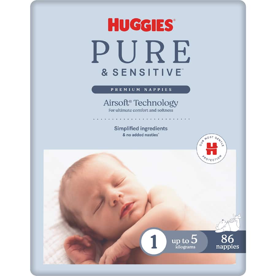 Huggies Pure & Sensitive Newborn Nappies Boys & Girls Up To 5kg Size 1 86pack