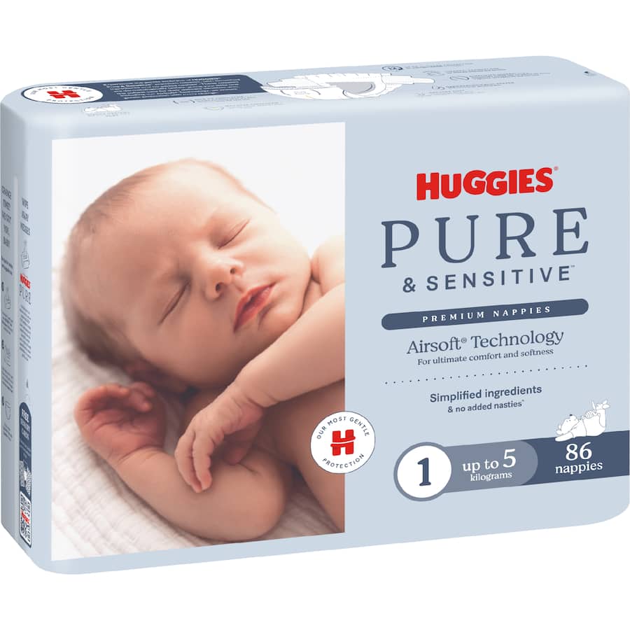 Huggies Pure & Sensitive Newborn Nappies Boys & Girls Up To 5kg Size 1 86pack