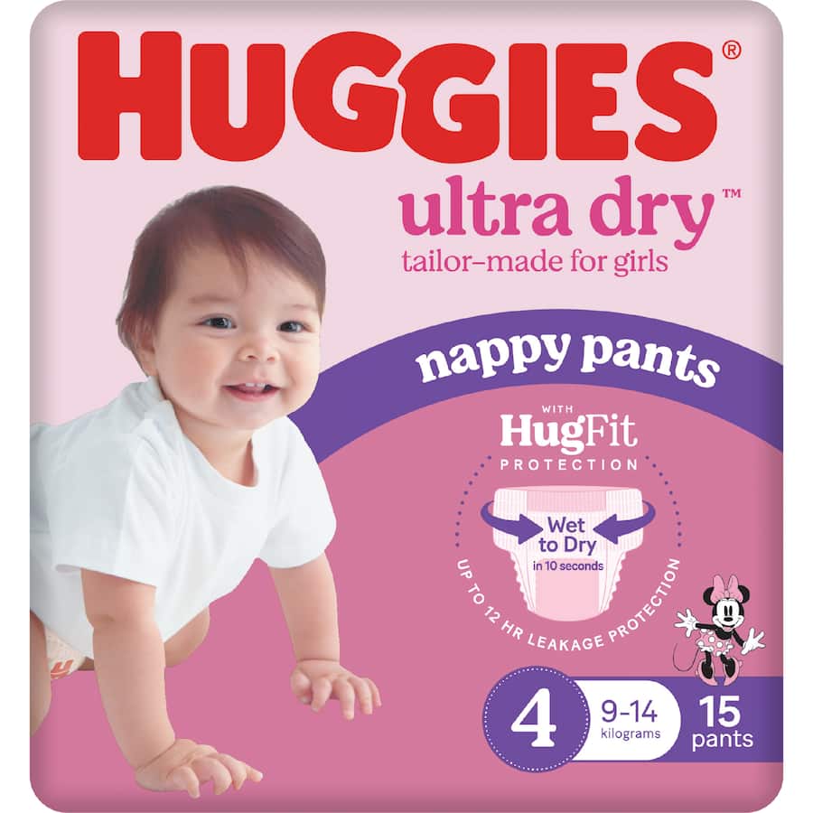 Huggies Ultra Dry Nappy Pants Toddler Girls 9-14kg Size 4 15pack