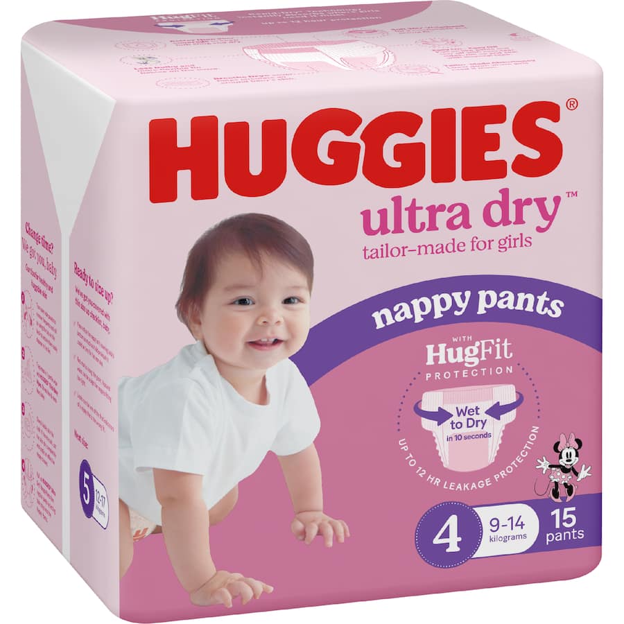 Huggies Ultra Dry Nappy Pants Toddler Girls 9-14kg Size 4 15pack