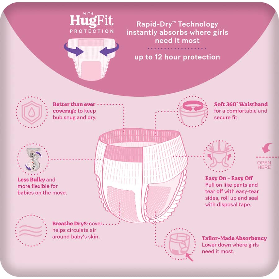 Huggies Ultra Dry Nappy Pants Junior Girls 15kg+ Size 6 12pack